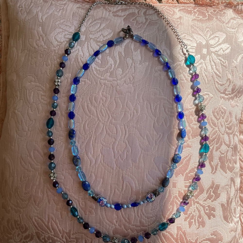 2 Hand Beaded Shades of Blue Glass Acrylic Beaded Necklaces.